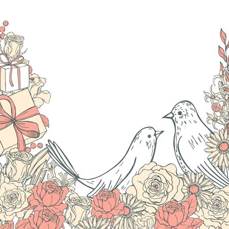 Vector Valentine's Day  background with hand drawn  flowers and birds. Sketch  illustration.のイラスト素材