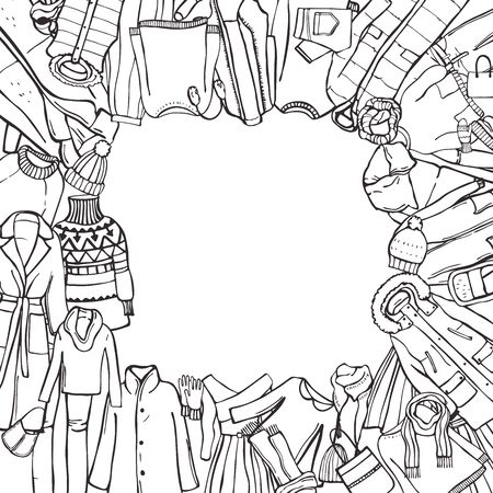 Winter  fashion.  Vector  background with hand drawn women's clothing and shoes. のイラスト素材