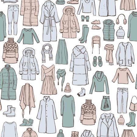Winter  fashion. Hand drawn women's clothing and shoes. Vector  seamless  pattern. Sketch illustrationのイラスト素材