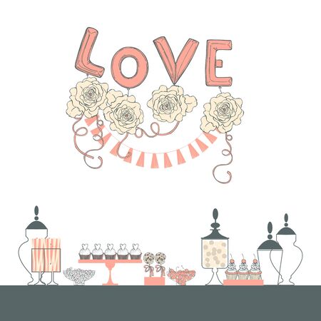 Wedding candy bar with cupcakes. Dessert table for Valentine's Day. Vector illustration.のイラスト素材