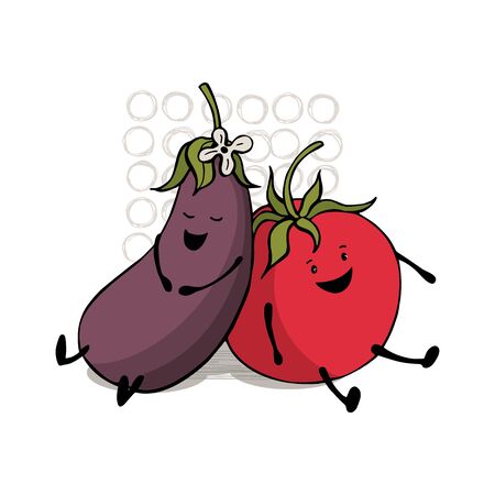 Cute  tomato and eggplant in cartoon style. Vector sketch illustration.のイラスト素材
