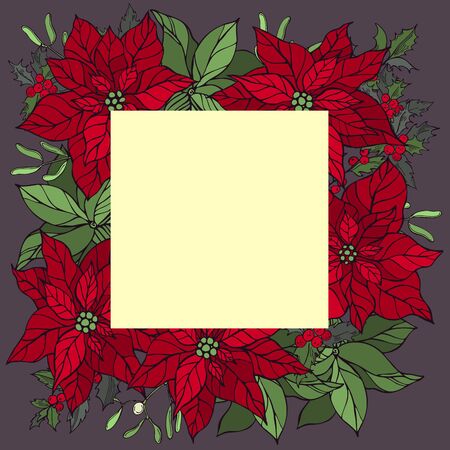 Vector frame with red poinsettias and Christmas plants. Hand-drawn ilustration.のイラスト素材