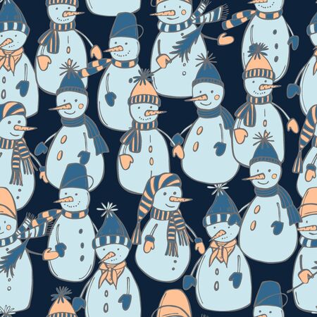 Hand drawn snowmen on dark background. Vector  seamless patternのイラスト素材