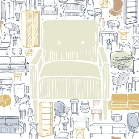 Furniture, lamps and plants for the home. Vector background.のイラスト素材