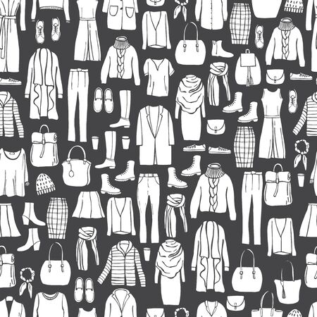 Autumn fashion. Hand drawn women's clothing and shoes. Vector  seamless pattern のイラスト素材