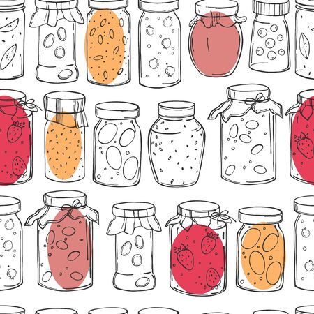 Hand-drawn jam jars. Vector  seamless patternのイラスト素材