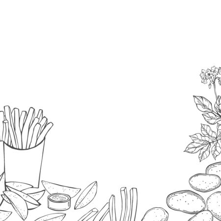 Dishes from potatoes. French fries and  rustic fries. Vector background.のイラスト素材