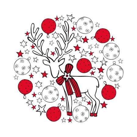 Christmas deer in a circle of stars and balls. Vector sketch  illustration.のイラスト素材