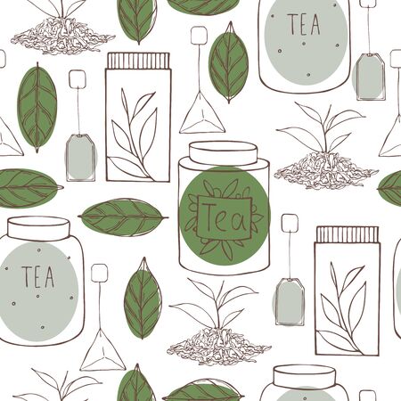 Tea set. Cans for tea. Vector  seamless  pattern のイラスト素材