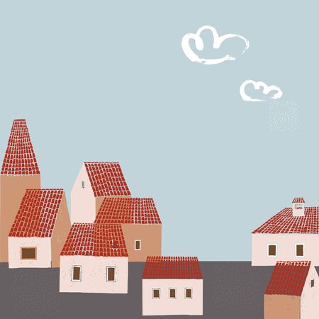 Vector background with hand drawn houses. Sketch  illustration.のイラスト素材