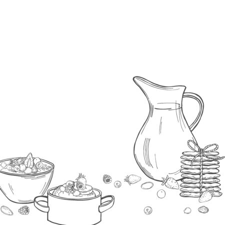 Vector background with oatmeal porridge and cookies. Hand drawn sketch illustrationのイラスト素材