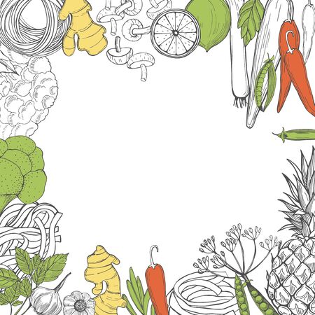 Vector background with  hand drawn vegetables on white background. Asian food. Sketch  illustration.のイラスト素材