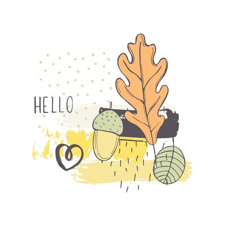 Autumn  vector sketch illustration with hand drawn leaves and acornのイラスト素材