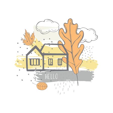Autumn  vector sketch illustration with hand drawn leaves and houseのイラスト素材