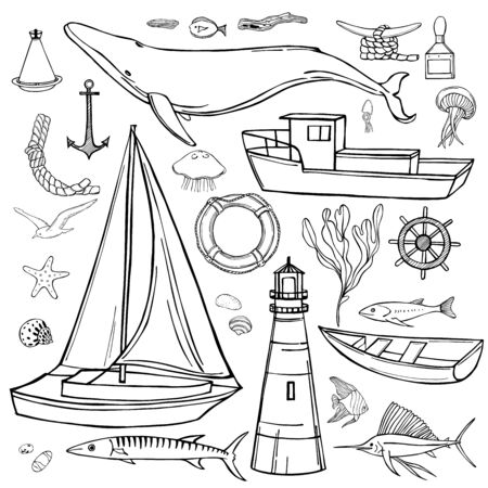 Hand drawn nautical icon set.Vector sketch  illustration.のイラスト素材