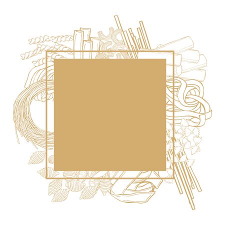 Vector frame with  hand drawn different types of dry Italian pasta on white background. Sketch  illustration.のイラスト素材