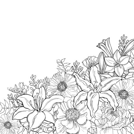 Floral background.Hand drawn flowers and leaves. Sketch illustrationのイラスト素材