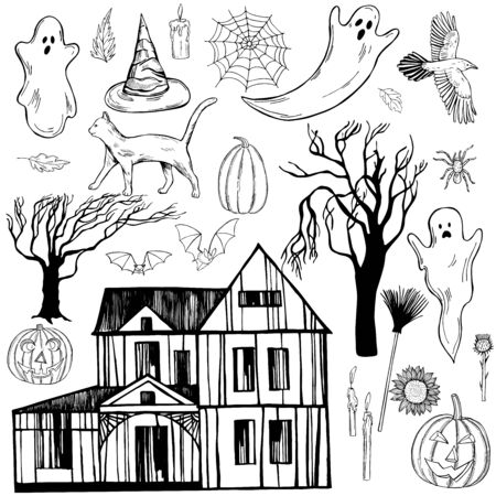 Hand drawn halloween set. Vector sketch illustration.のイラスト素材