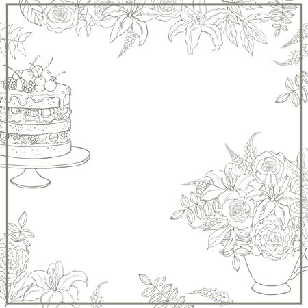 Hand drawn cake and flowers. Vector background. Sketch  illustration.のイラスト素材