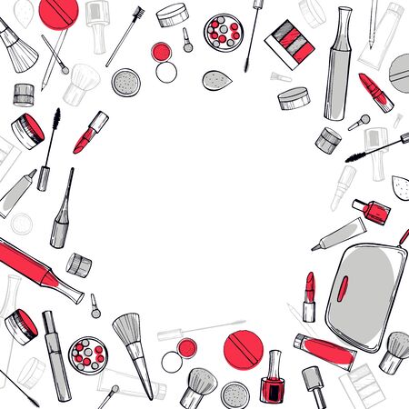 Vector background with hand drawn decorative cosmetics for makeup.Sketch  illustration.のイラスト素材