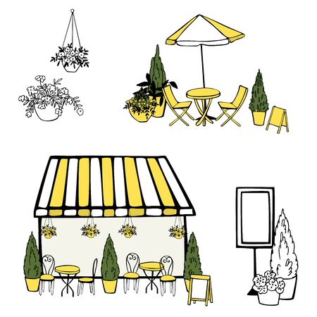 Street Cafe set. Umbrellas. Plants. Vector sketch  illustration.のイラスト素材