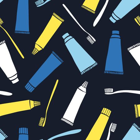 Hand drawn toothbrush and tube of toothpaste.  Vector  seamless patternのイラスト素材
