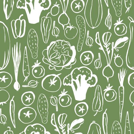 Hand drawn vegetables on green background.  Vector seamless patternのイラスト素材