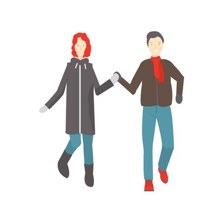 Couple walking in winter clothes.Vector illustrationのイラスト素材