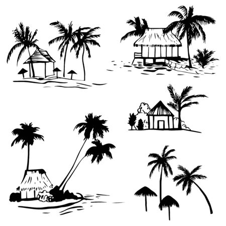 Hand drawn bungalow with palm trees on the coast. Vector sketch  illustration.のイラスト素材