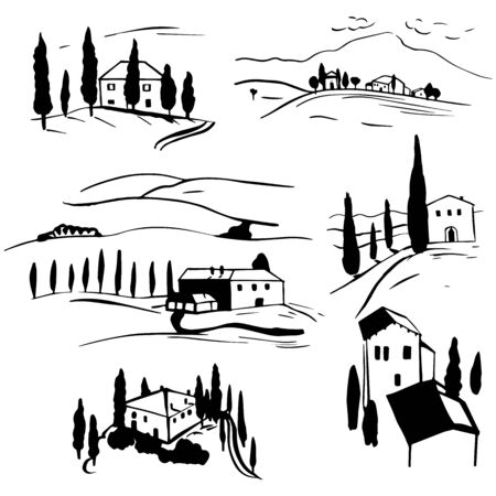Hand drawn landscapes of Tuscany. Vector sketch  illustration.のイラスト素材