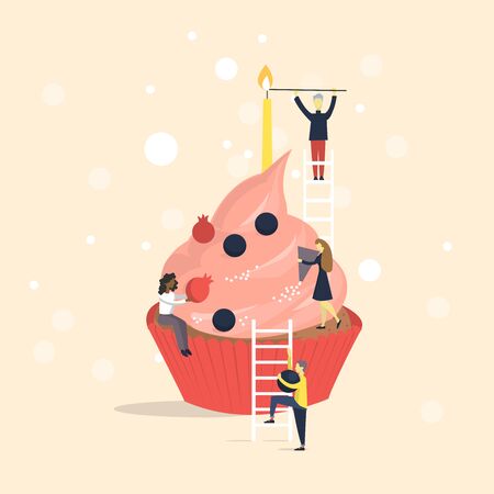 Happy birthday card. People decorate cupcake. Vector illustration