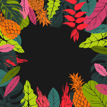 Vector frame with hand drawn tropical plants. Leaves and fruits.のイラスト素材