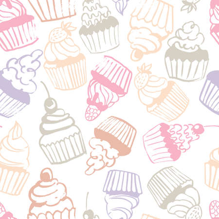 Hand drawn cupcakes. Vector seamless patternのイラスト素材