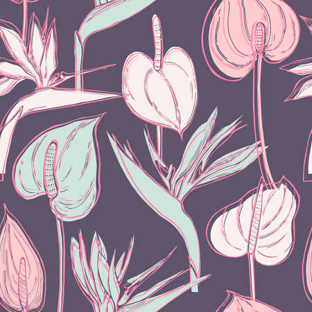 Hand drawn tropical flowers. Vector seamless pattern.のイラスト素材