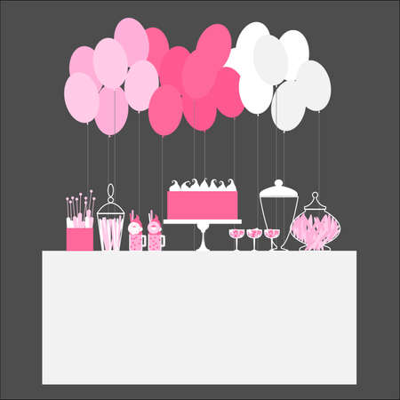 Birthday candy buffet with balloons. Wedding sweet bar with cake. Dessert table. Pink colors. Vector illustration.のイラスト素材