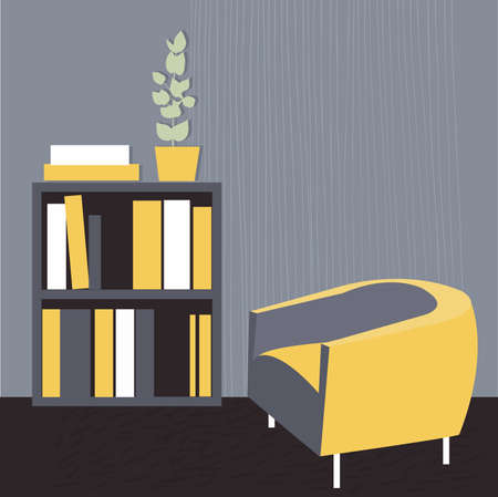Armchair and shelving with books. Living room.Vector illustration.のイラスト素材