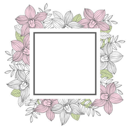 Vector frame with hand drawn orchids.のイラスト素材