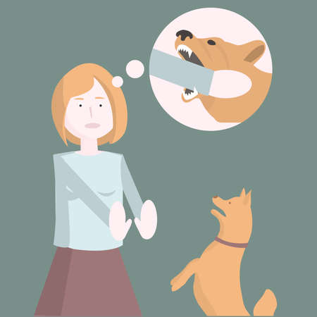 Fear of dogs. The girl is afraid of the dog. Vector illustration.のイラスト素材
