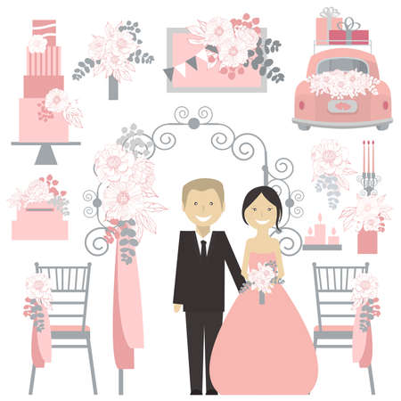 Bride and groom and a wedding arch with flowers. Just married couple. Wedding flowers, cake, decoration for chairs, bridal bouquet. Vector illustration.のイラスト素材