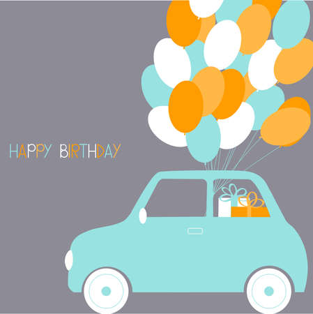 Happy birthday card. Cute small car with balloons. Vector illustration.のイラスト素材