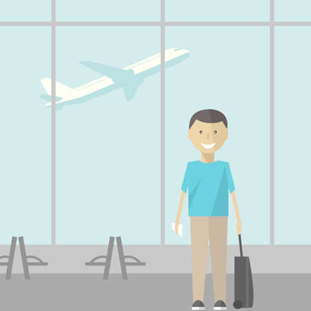 Man with a suitcase at the airport. Vector illustration.のイラスト素材