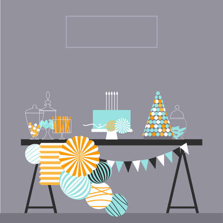 Birthday cake with candles. Sweet buffet with paper Pom Poms and garlands. Dessert table. Vector illustration.のイラスト素材