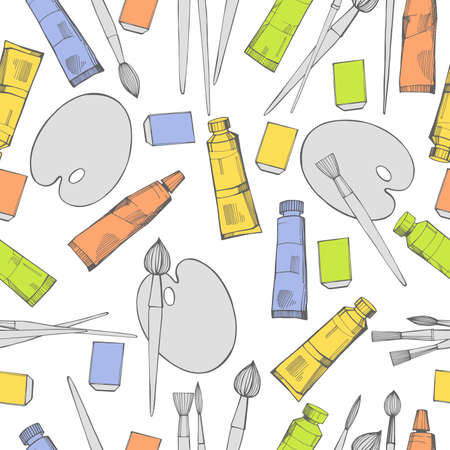 Vector seamless pattern with artistic paintbrushes and paints on white background. Sketch illustration.のイラスト素材