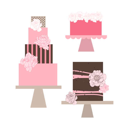 Wedding cakes with peonies. Vector illustration.のイラスト素材