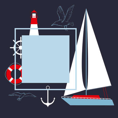 Vector frame with yacht and lighthouse.のイラスト素材