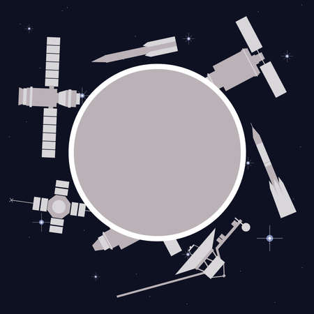 Satellites and rockets in space. Vector frame.