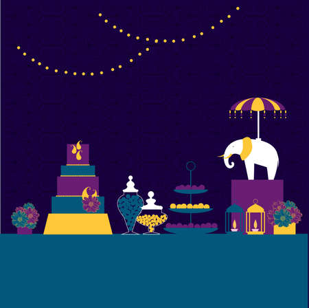 Wedding candy bar with elephant. Dessert table. Vector illustration.のイラスト素材