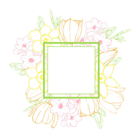 Vector floral frame with hand-drawn spring flowers.のイラスト素材