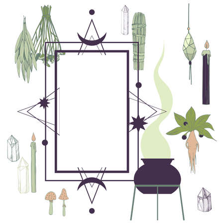 Vector frame with witchcraft things. Herbs, crystals, candles, mushrooms.のイラスト素材