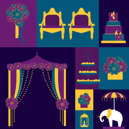 Indian wedding. Wedding arch with flowers, cake, bridal bouquet. Vector illustration.のイラスト素材
